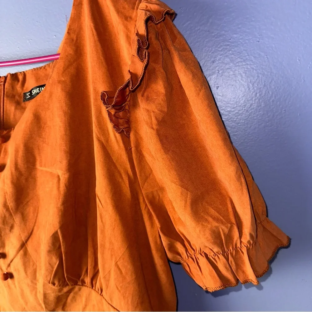 SHEIN Orange Ruffle and Ruched Cottagecore Puff Sleeve Maxi Dress